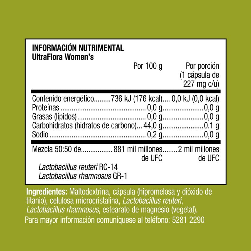Información nutrimental de UltraFlora Women’s: probióticos con 2 mil millones de UFC, libres de gluten y aptos para vegetarianos