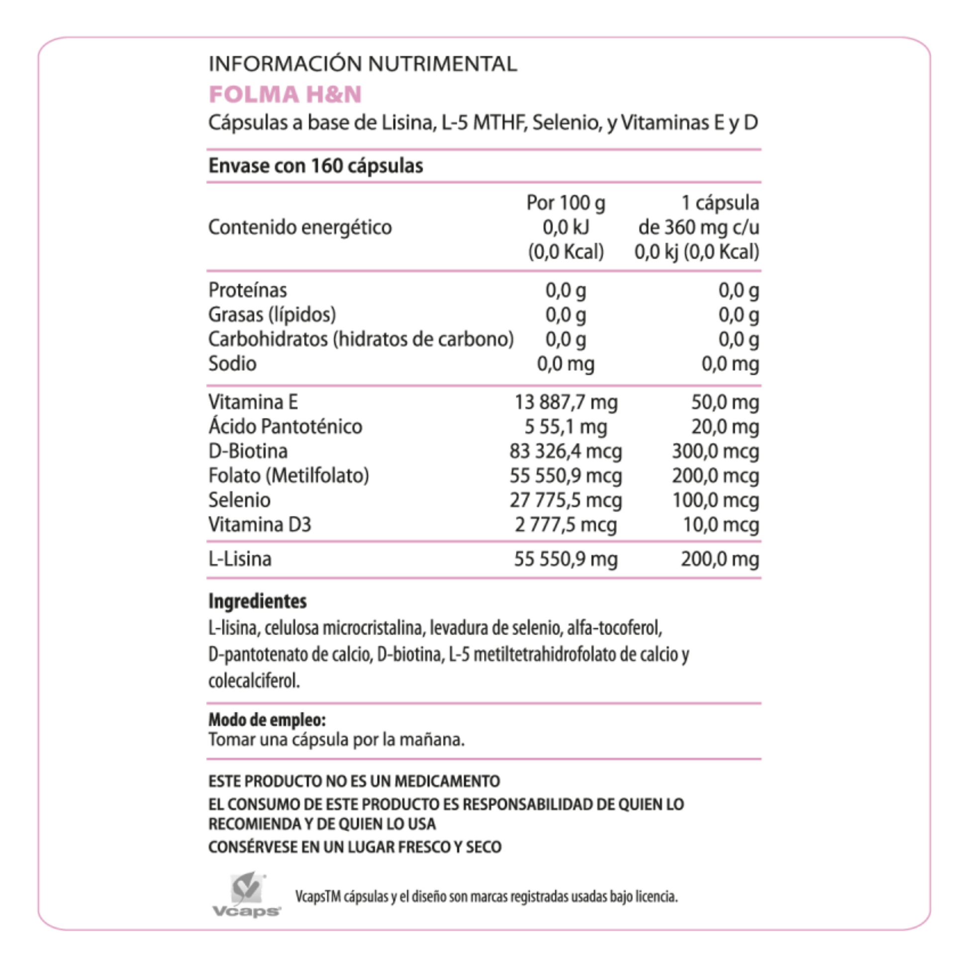 Información nutrimental de Folma H&N – Fórmula con nutrientes esenciales para el bienestar hormonal y celular