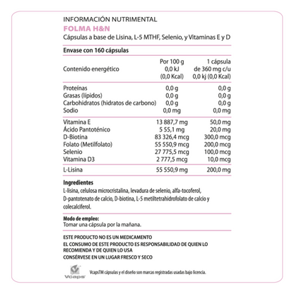 Información nutrimental de Folma H&N – Fórmula con nutrientes esenciales para el bienestar hormonal y celular
