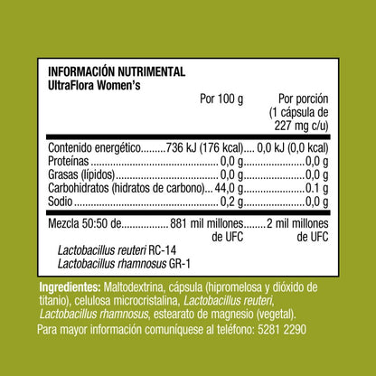 Información nutrimental de UltraFlora Women’s: probióticos con 2 mil millones de UFC, libres de gluten y aptos para vegetarianos